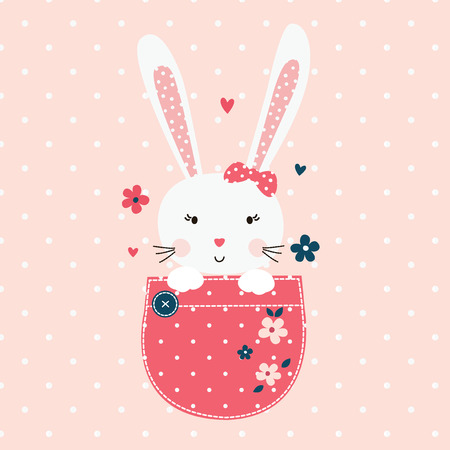 Cute illustration with cartoon bunny girl in the pocket.のイラスト素材