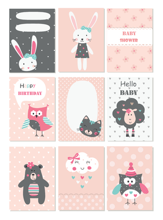 Set of baby cards with cute animals and flower elements for baby shower, birthday party, invitation.のイラスト素材