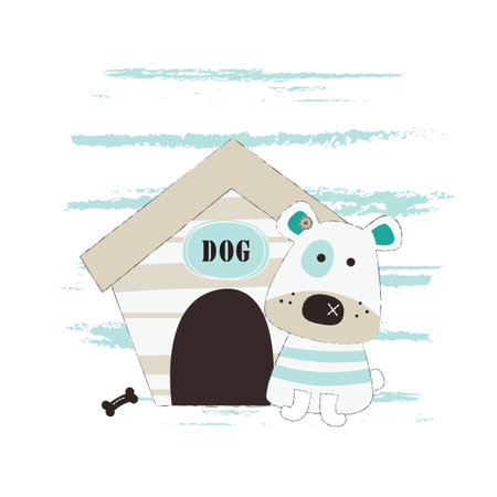 Vector illustration with cute little dog sitting next the dog houseのイラスト素材