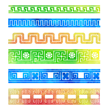 Vector Illustration of Greek Ornamental Watercolor Border for Design, Website, Background, Banner. Use National Watercolour Element in Invitation or Brend Style Template. Green, Blue and Yellow Inkのイラスト素材