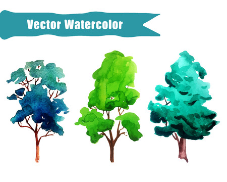 Vector Illustration of watercolour Tree Set for Design, Website, Background, Banner. Summer Paint with Brush Texture Element Template for eco infographicのイラスト素材