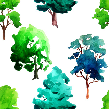 Vector Illustration of watercolour Tree Set for Design, Website, Background, Banner. Summer Paint with Brush Texture Element Template. Seamless Pattern for Textile or Wallpaperのイラスト素材