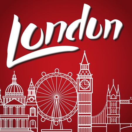 Vector Illustration of Travel London Lettering for Design, Website, Background, Banner. England Toursm logo Template witn Big Ben and Landmarkのイラスト素材