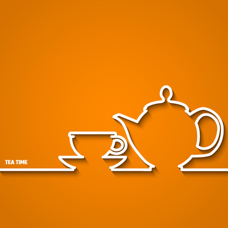 Vector Illustration of Tea Time Outline for Design, Website, Background, Banner. Pot and Cup silhouette Element Template for Infographic or Restaurant Menuのイラスト素材