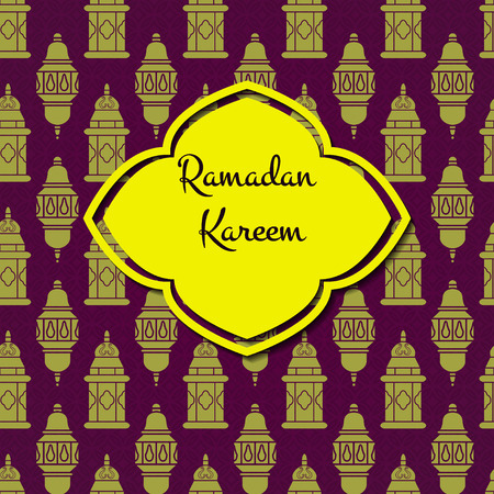 Vector Illustration of Ramadan Kareem Outline for Design, Website, Background, Banner. Arabic Lamp Element Template. Yellow and Violet Greetingのイラスト素材