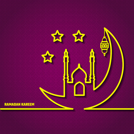 Vector Illustration of Ramadan Kareem Outline for Design, Website, Background, Banner. Arabic Lamp Element Template. Yellow and Violetのイラスト素材