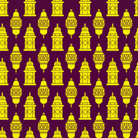 Vector Illustration of Ramadan Kareem Outline for Design, Website, Background, Banner. Arabic Lamp Element Template. Yellow and Violet Seamless PAtternのイラスト素材