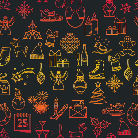 Vector Illustration of Christmas icons outline for Design, Website, Background, Banner. Thin New year seamless pattern Template for your new year gift paper or postcardのイラスト素材