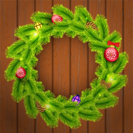 Vector Illustration of Christmas wreath pine for Design, Website, Background, Banner. Christmas Decoration Element Template on wooden texture.   BAll, cone and shine light garlandのイラスト素材