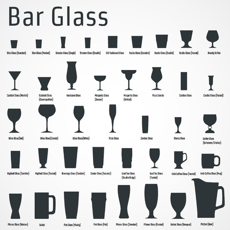 Vector Illustration of silhouette Set of Bar Glasss  for Design, Website, Background, Banner. Restaurant Element Isolated Template for Menu. Vodka, Beer, Whiskey, Wine for Infographicのイラスト素材