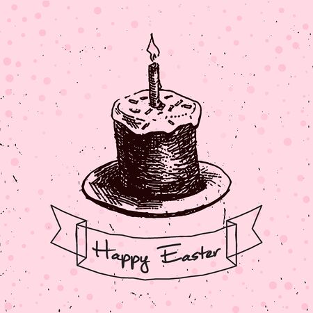 Vector Illustration of Happy Easter Hand Drawn Set for Design, Website, Background, Banner. Ink Rabbit, egg, willow and cake Holiday Element Templateのイラスト素材