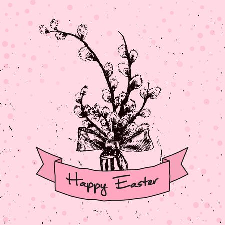 Vector Illustration of Happy Easter Hand Drawn Set for Design, Website, Background, Banner. Ink Rabbit, egg, willow and cake Holiday Element Templateのイラスト素材