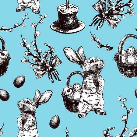 Vector Illustration of Happy Easter Hand Drawn Seamless PAttern Set for Design, Website, Background, Banner. Ink Rabbit, egg, willow and cake Holiday Element Template. Print for Wallpaperのイラスト素材