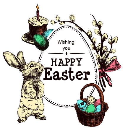 Vector Illustration of Color Happy Easter Hand Drawn Set for Design, Website, Background, Banner. Ink Rabbit, egg, willow and cake Holiday Element Templateのイラスト素材