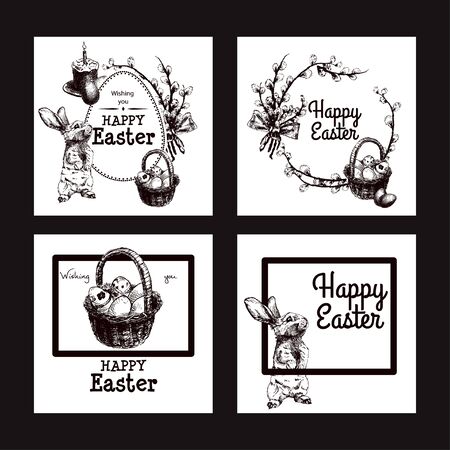 Vector Illustration of Happy Easter Hand Drawn Set for Design, Website, Background, Banner. Ink Rabbit, egg, willow and cake Holiday Element Templateのイラスト素材