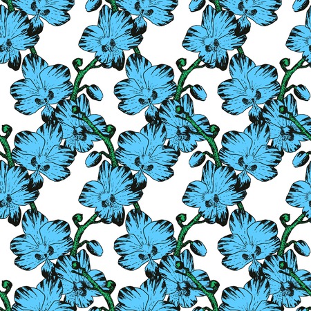 Vector Illustration of tropical Flowers Seamless PAttern in Sketch Style for Design, Flowers Sketch Background, Banner. Doodle Summer Pattern. Flower sketch Element. Flower Pattern Template.  Beach Botanyのイラスト素材