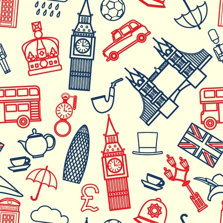Vector Illustration of England Icon Outline Seamless PAttern for Design, Website, Background, Banner. Travel Britain Logo Landmark Silhouette  Element Template for Tourism Flyer. Big Ben, Bus, Taxi, Crownのイラスト素材