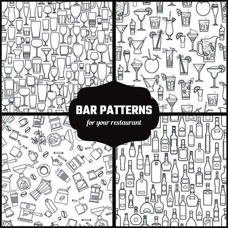 Vector Illustration of Drinks Seamless Pattern Outline for Design, Website, Background, Banner. Bar Element for Menu or Infographic Template. Glasses, Bottle, Cocktail, Coffee, teaのイラスト素材