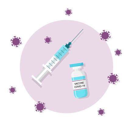 virus vaccination with one glass vaccine bottle and one syringe surrounded by viruses. Vaccination concept. Injection tool for immunisation treatment. Flat illustration.のイラスト素材