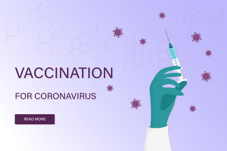 Vector background with text Vaccination for coronavirus. Flat illustration. Coronavirus vaccine vector background. Covid-19 corona virus vaccination with a hand and syringe. Covid19 immunization.のイラスト素材