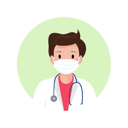 Flat male doctor avatar in medical face protection mask and stethoscope. Healthcare vector illustration. People cartoon avatar profile character icon.のイラスト素材