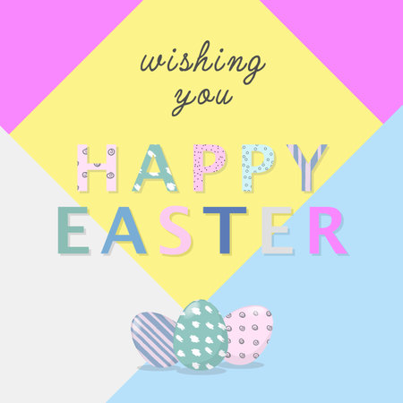 Nice colourful greeting card with hand writing text Wishing you Happy Easter and painted eggs...