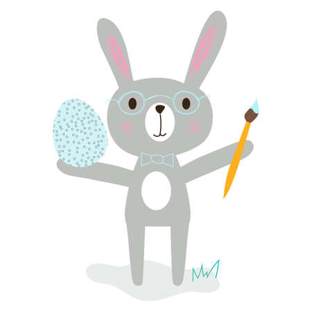 Clip art easter bunny in glasses, easter painted egg and art brush. Bright, funny, cute editable EPS 10 easter graphic illustration. For greeting cards, web sites, banners.のイラスト素材