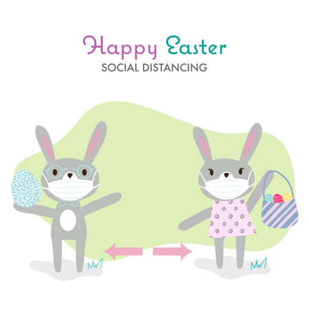 Easter rabbits in protective face mask. Easter celebration during the virus pandemic. Social Distancing Quarantine. Social Distancing keeping distance for infection risk and disease. Stay safe.のイラスト素材