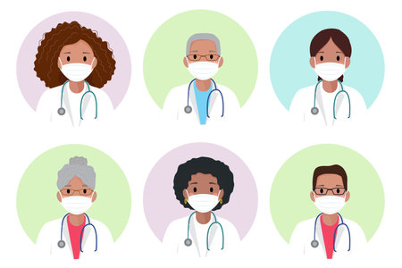African American female and male physician in a medical face mask avatar. Healthcare personal. Therapist. Hospital nurse. Flat style vector. Black doctor in medical mask, white coat and a stethoscope.のイラスト素材