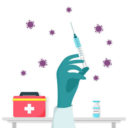 Vaccination concept with a hand and syringe, a first-aid kit and a bottle of vaccine surrounded by viruses on white background. Edited EPS 10 file. Immunization concept. Flat vector illustration.のイラスト素材