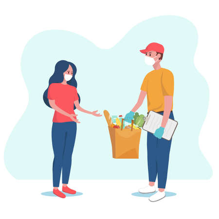 Safe delivery concept. Courier in protective mask and gloves deliver food to people in quarantine. Girl in mask receives the parcel with food. Vector illustration.   quarantine delivery.のイラスト素材