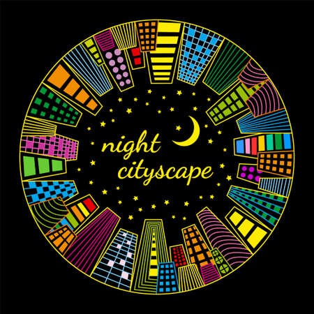 Vector illustration of night cityscape in a circle with neon buildings, stars and moon.のイラスト素材