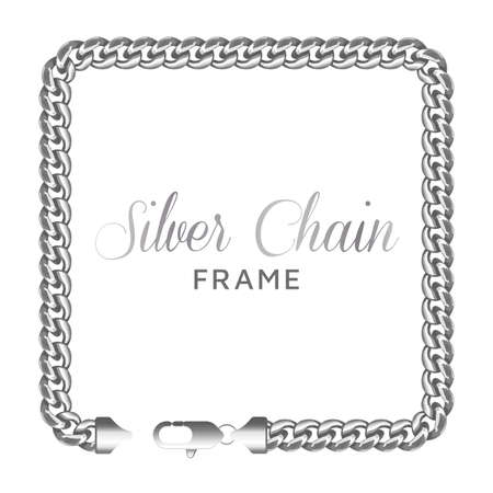 Silver chain square border frame. Rectangle wreath shape with a lobster claw clasp lock. Jewelry design, text frame.Realistic vector illustration isolated on a white background.のイラスト素材
