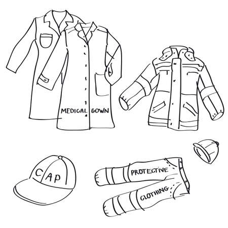 Set of hand drawn workwear doodles isolated on a white background. Vector illustrations of medical gown, cap, protective clothing, helmet.のイラスト素材