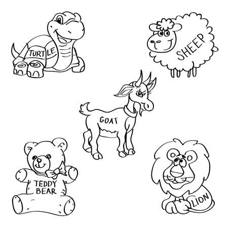 Set of hand drawn soft toy doodles isolated on a white background. Vector illustrations of animals. Turtle, sheep, goat teddy bear lion.のイラスト素材