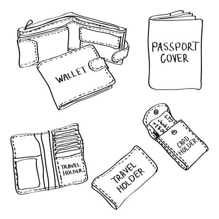 Set of hand drawn leather accessories doodles isolated on a white background. Vector illustrations of wallet, passport cover, travel holder, card holder.