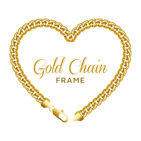 Gold chain heart love border frame. Wreath shape. Jewelry design, text frame. Realistic vector illustration isolated on a white background.のイラスト素材