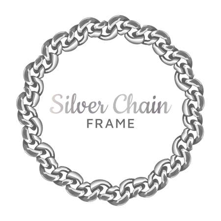 Silver chain round border frame. Wreath circle wavy shape. Jewelry design, text frame.Realistic vector illustration isolated on a white background.のイラスト素材