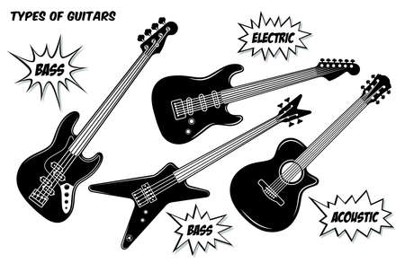 Electric, bass and acoustic guitar with 6 and 4 strings. Vector black and white silhouette illustration isolated on white background.のイラスト素材