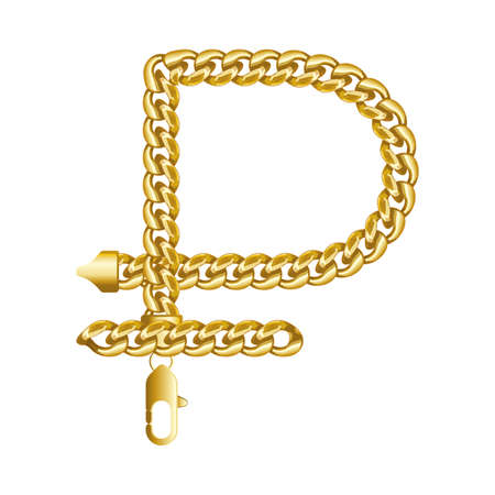 Gold Russian rouble, ruble money sign made of shiny thick golden chain. Realistic vector detailed illustration isolated on a white background.のイラスト素材