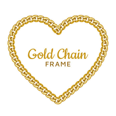 Gold chain heart love border frame. Wreath shape. Jewelry design. Realistic vector illustration isolated on a white background.のイラスト素材
