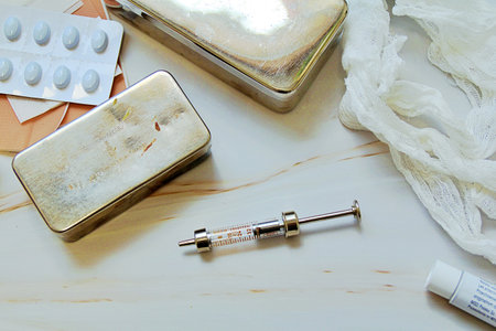lying syringe, bandage, vintage insulin syringe, hospital, hospital equipment and scalding...