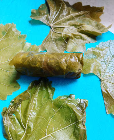Scalded grape leaves arranged on a board, a grape leaf roll wrapped, dolma, rice and meat dish in leaves, Near-Eastern cuisineの写真素材