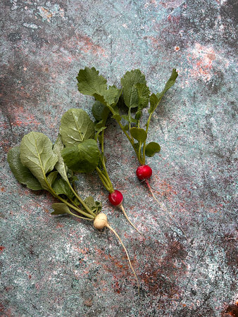 colorful radishes, red and white radishes, garden harvest, fresh radishes with green leaves, spicy...