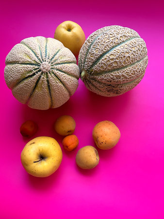 fruits on a pink background, melon, yellow apples, apricots, fresh fruit, natural vitamins, vivid colors, deep pinkの写真素材