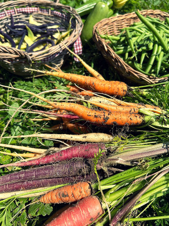 colorful carrots, red and white carrots, young carrots harvested in the garden, fresh vegetables,...