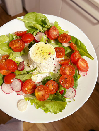 a plate of fresh ricotta, small tomatoes, lettuce leaves and sliced â€‹â€‹radish, a...