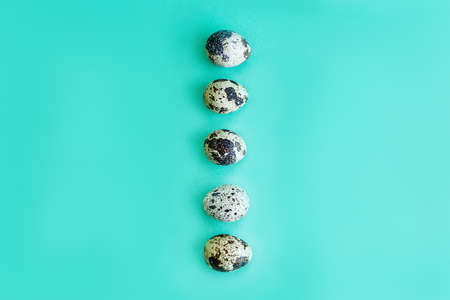 Quail eggs on a mint background Fresh quail eggs background. Natural healthy food and organic...