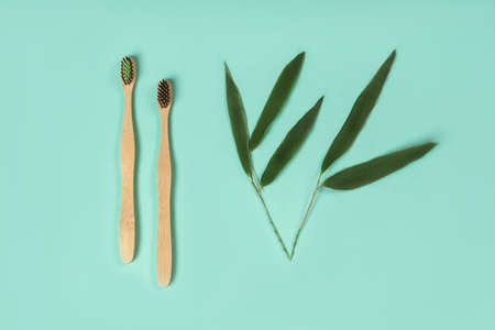Eco-friendly bamboo toothbrushes . Zero waste concept. Sustainable lifestyle. Plastic free conceptの写真素材