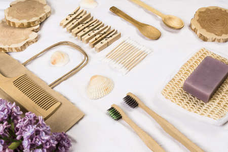 Zero waste concept. Sustainable lifestyle. Plastic free concept. Natural environmentally friendly bamboo toothbrush, handmade detergent, bathroom essentials in a sustainable lifestyleの写真素材